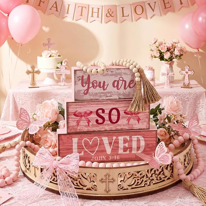 Yuntau 4 Pcs Pink Bow Decor Christian Table Decor Wooden Block Signs You Are So - Image 5