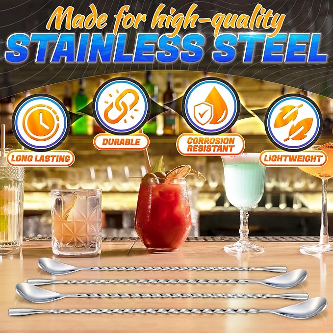 4 Pcs Bar Spoon Cocktail Mixing Spoon – 12'' Long Stainless Steel Cocktail - Image 3