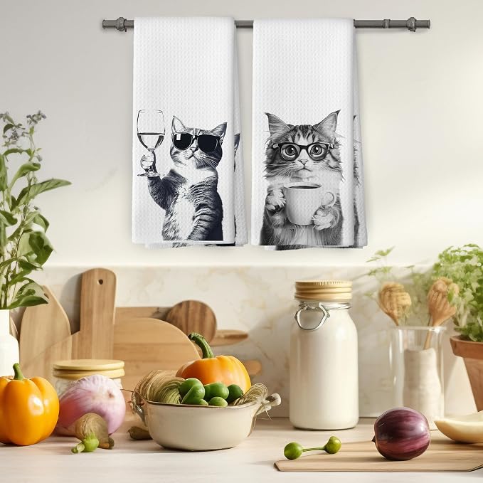 Funny Cat Kitchen Towels Set of 2, Funny Kitchen Decor, Coffee Station Wine Bar - Image 4