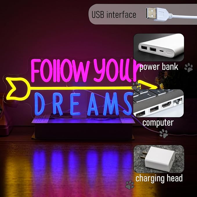 Follow Your Dreams Neon Sign for Wall Decor USB Powered Dream Neon Light LED - Image 4