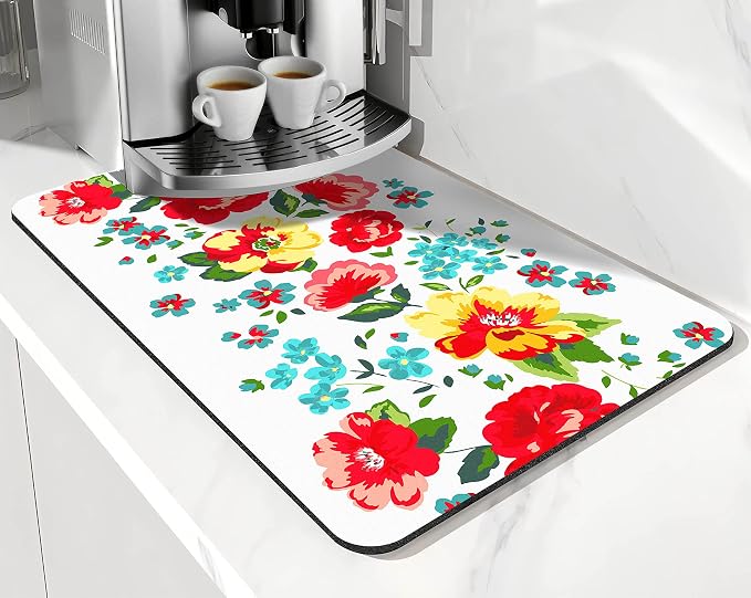 Coffee Bar Mat Accessories for Countertop Pioneer Flower Absorbent Hide Stain by Safarsa