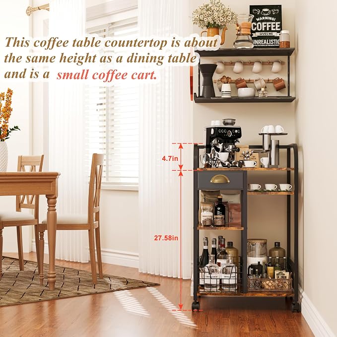 keomaisyto Coffee Cart with Storage Drawer, Coffee Bar Cabinet with Wheels - Image 7