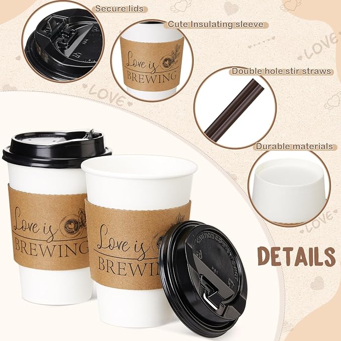 Pickmesh 50 Sets 12 oz Wedding Coffee Paper Cup Sets, Love Is Brewing - Image 3