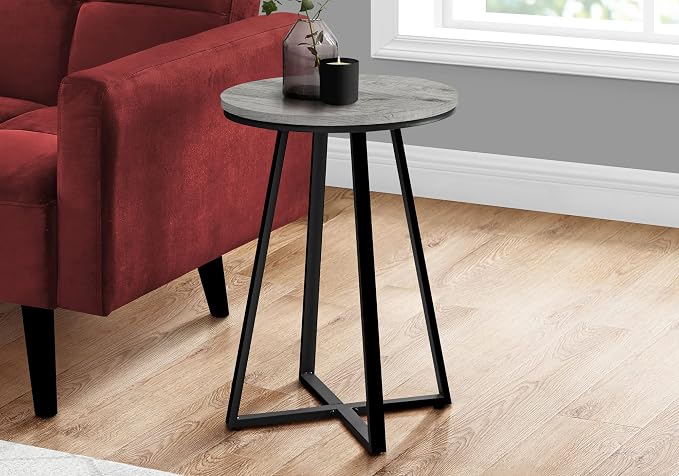 Round End Table with Grey Wood-Look Top and Black Metal X-Base, Modern Side by Noeko