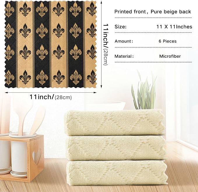 ALAZA Dish Towels Kitchen Cleaning Cloths Black and Beige Fleur De Lis Dish - Image 3