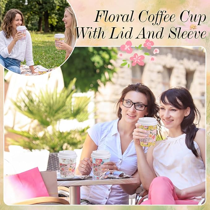 Mimorou 48 Sets Floral Coffee Cups 8oz Tea Party Cups Disposable Fancy Coffee - Image 6