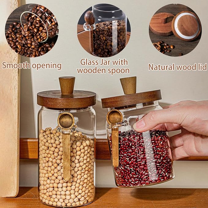 Coriario 20 OZ Glass Jar with Airtight Lid Spoon Clear Glass Candy Jars Wooden - Image 3