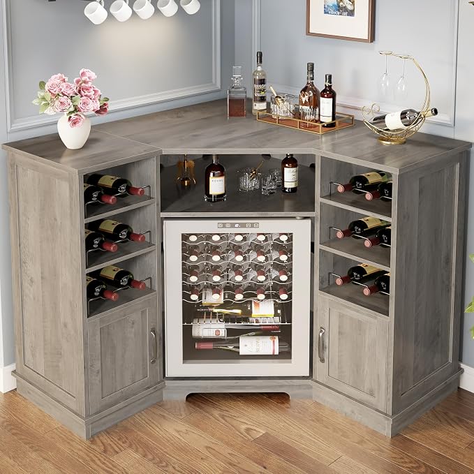 HSH Corner Bar Cabinet with Mini Fridge Space, Modern Wood Bar Cabinet with - Image 8