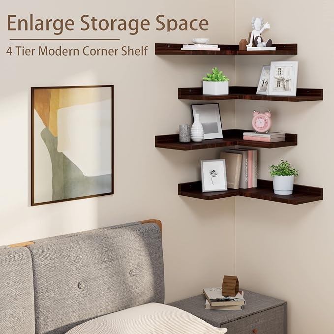 4 Tier Floating Corner Shelves Set of 4, Rustic Pine Wooden Floating Corner - Image 5