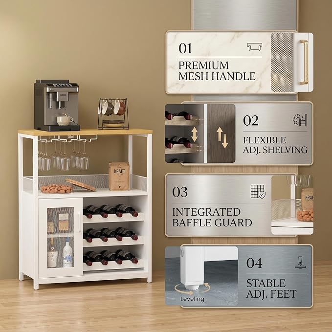 Wine Bar Cabinet, 3-Tier Removable wine rack cabinet glass holder, Mesh door - Image 5