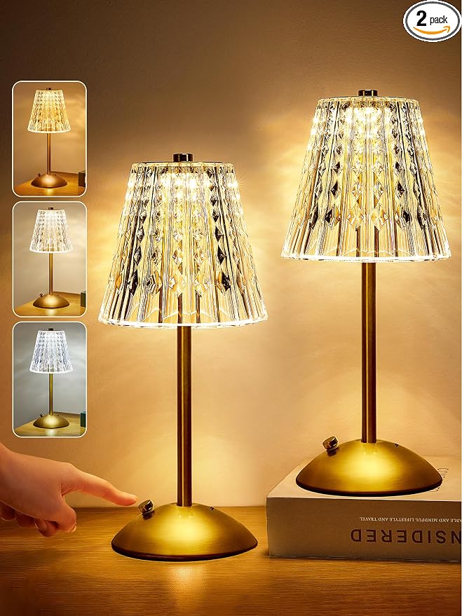 One Fire Nightstand Lamps Set of 2, Dimmable Crystal Table Lamp 3 Colors Gold by OneFire