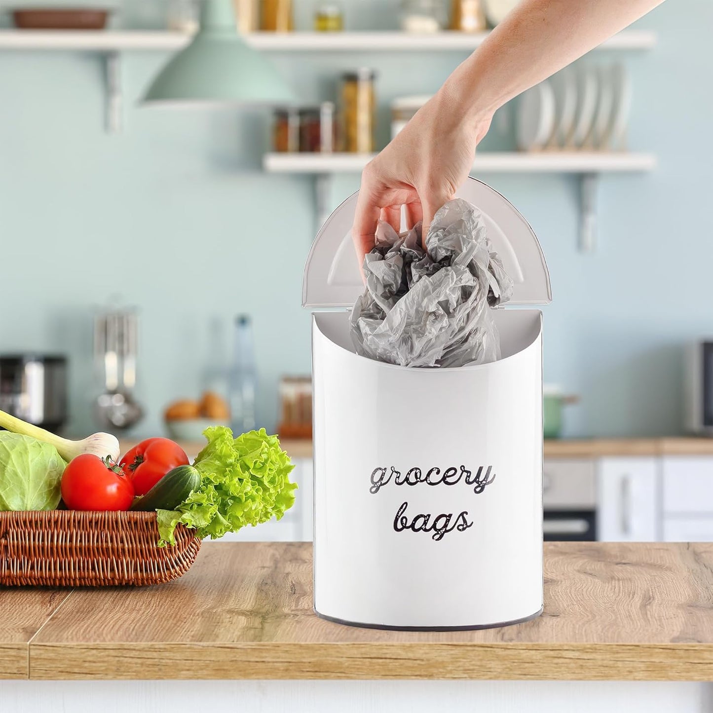 AuldHome Design Rustic Grocery Bag Holder; Wall-Mounted Vintage Enamelware Farmhouse Style Plastic Bag Dispenser for Kitchen or Laundry Room