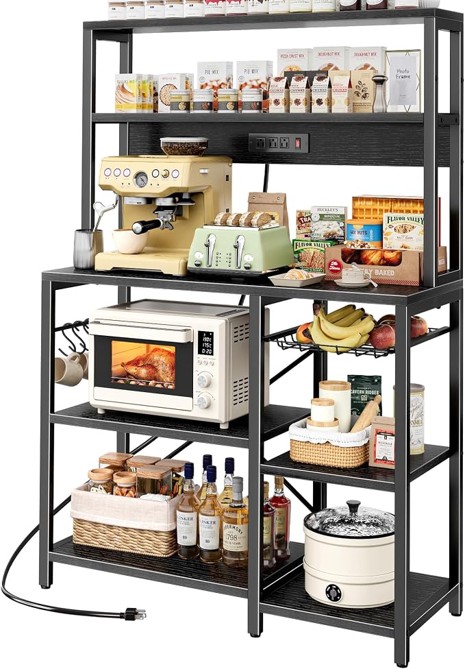 SUPERJARE Bakers Rack with Power Outlet, 35.4 Inches Coffee Bar with Wire Basket by SUPERJARE