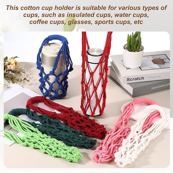 Crochet Water Bottle Carrier Bag, Handwoven Cotton Rope Cup Holder - Image 5