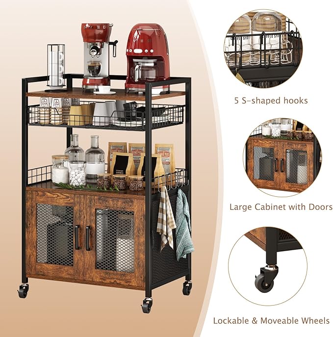 Hencawima Coffee Bar Cabinet, 3 Tier Coffee Station Table on Wheels, 35.9" H - Image 5