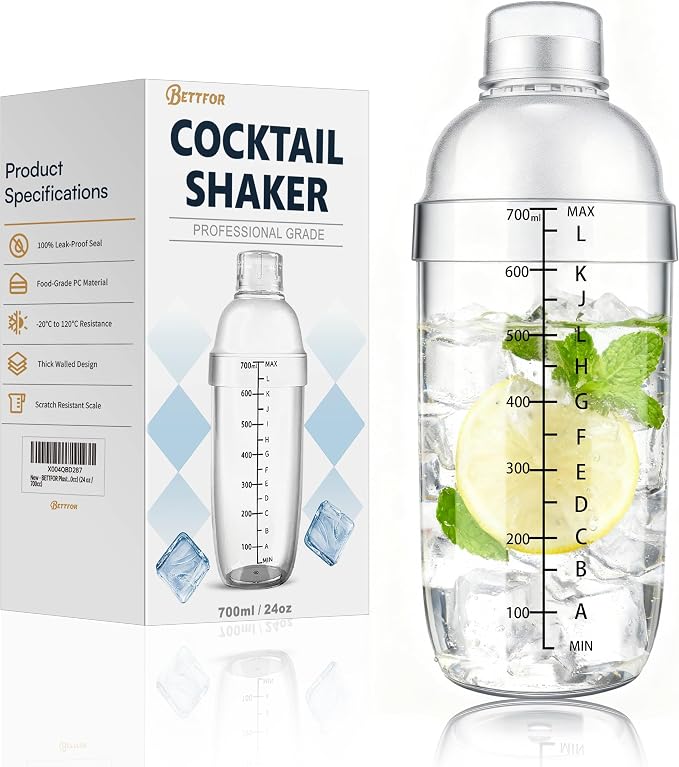Plastic Cocktail Shaker with Measuring Scale 24oz, Leak-Proof & by BETTFOR