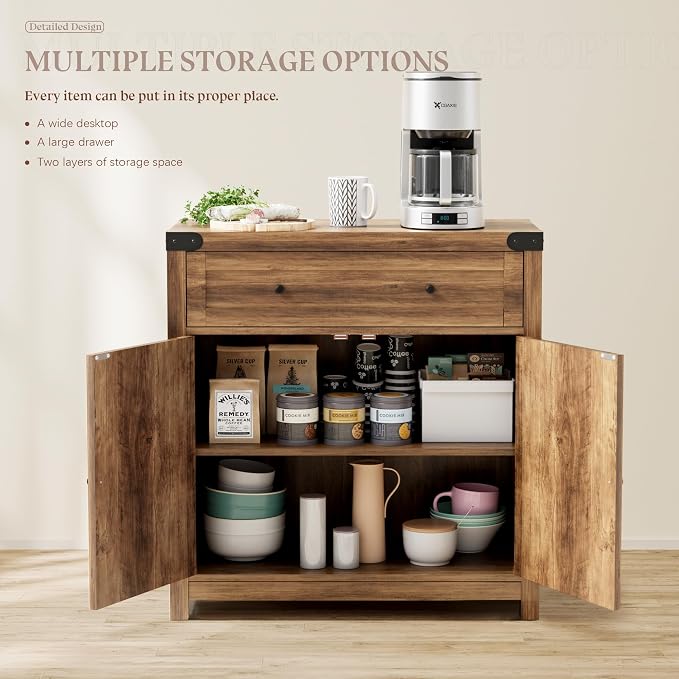 YESHOMY Coffee Bar and Accent Cabinet, Farmhouse Barn Door Buffet Sideboard - Image 8