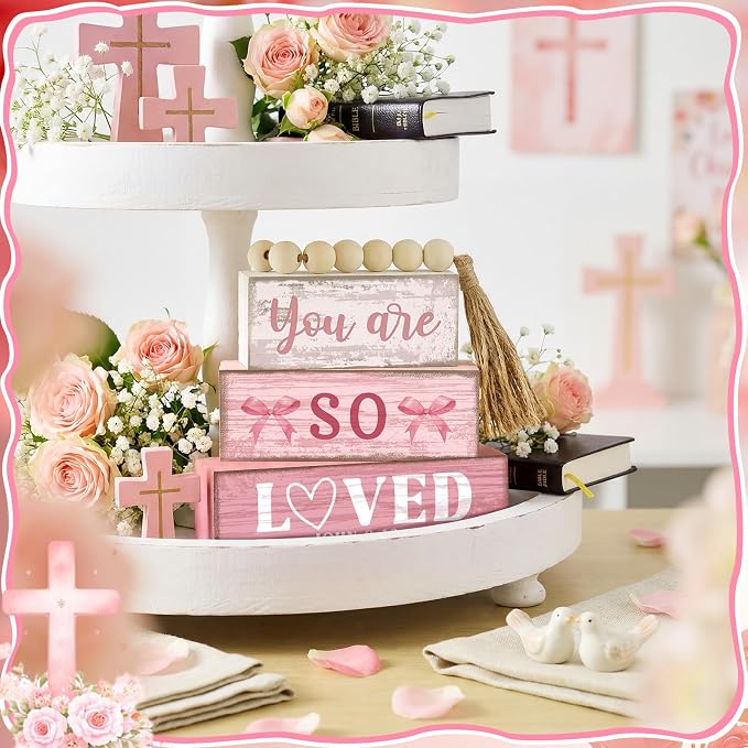 Yuntau 4 Pcs Pink Bow Decor Christian Table Decor Wooden Block Signs You Are So - Image 7