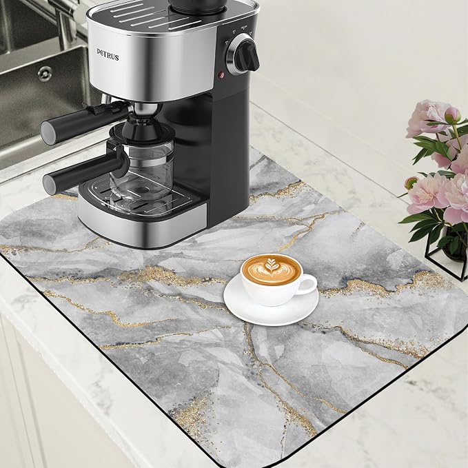 White and Gold Marble Dish Drying Mat by Unknown