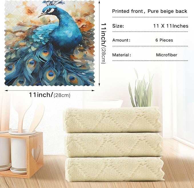 ALAZA Dish Towels Kitchen Cleaning Cloths Peacock Dish Cloths Absorbent Kitchen - Image 3