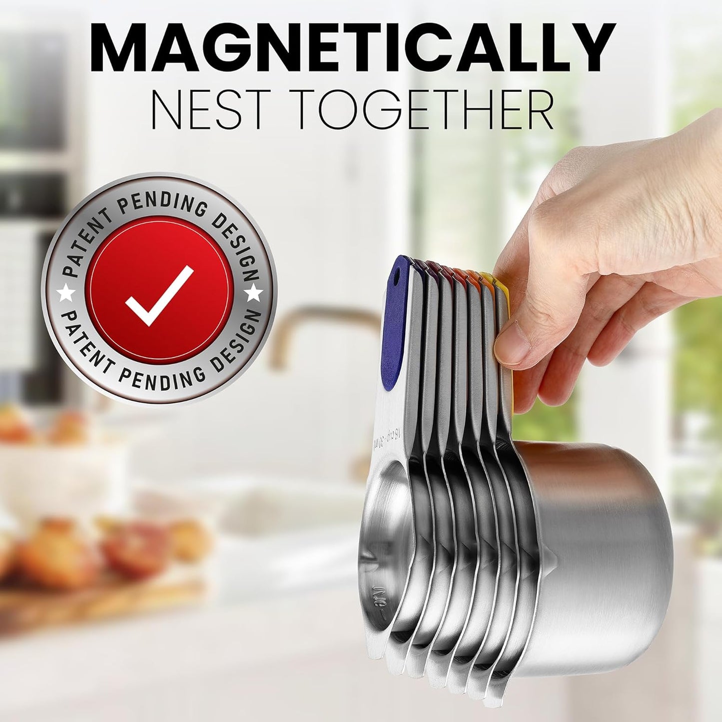 Spring Chef Magnetic Stainless Steel Measuring Cups (Patent Pending), Kitchen Tools with Easy to Read Markings for Measuring Dry or Liquid Ingredients, Set of 7, Mountain Sunrise
