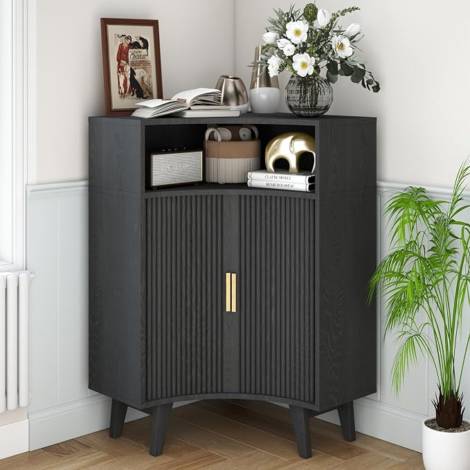 Fluted Corner Cabinet with Open Storage, Modern Floor Cabinets with Sliding by Vudanfe