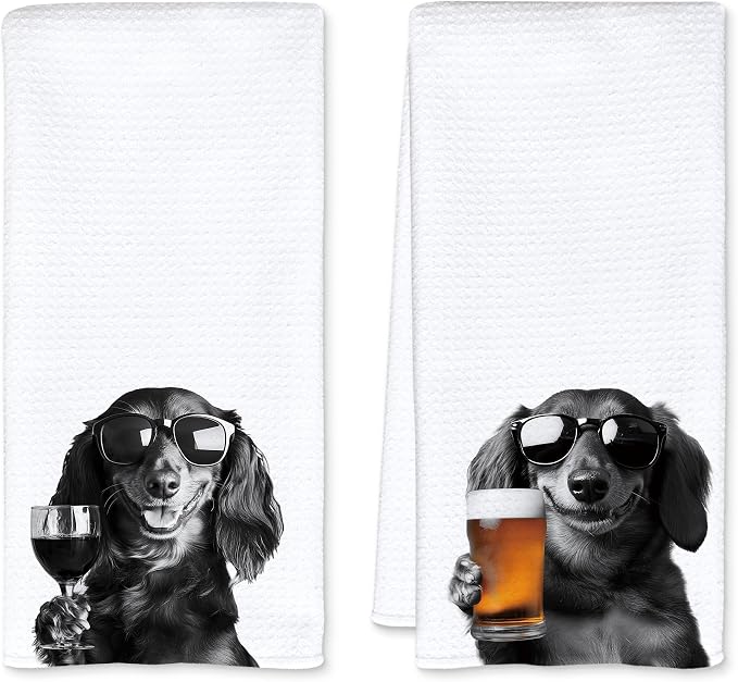Funny Dachshund Kitchen Towels Set of 2, Funny Kitchen Decor, Wine Bar Decor by Unknown