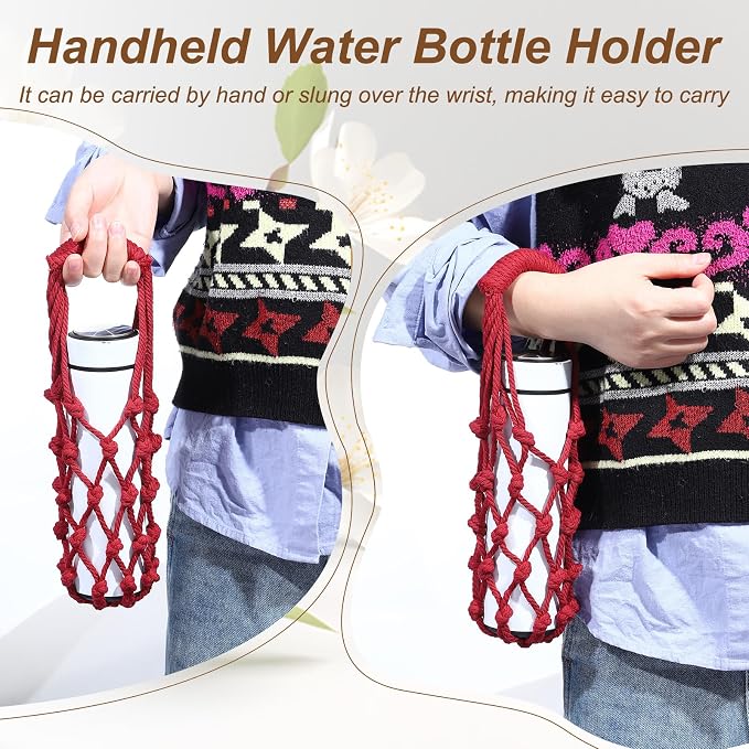 Crochet Water Bottle Carrier Bag, Handwoven Cotton Rope Cup Holder - Image 4