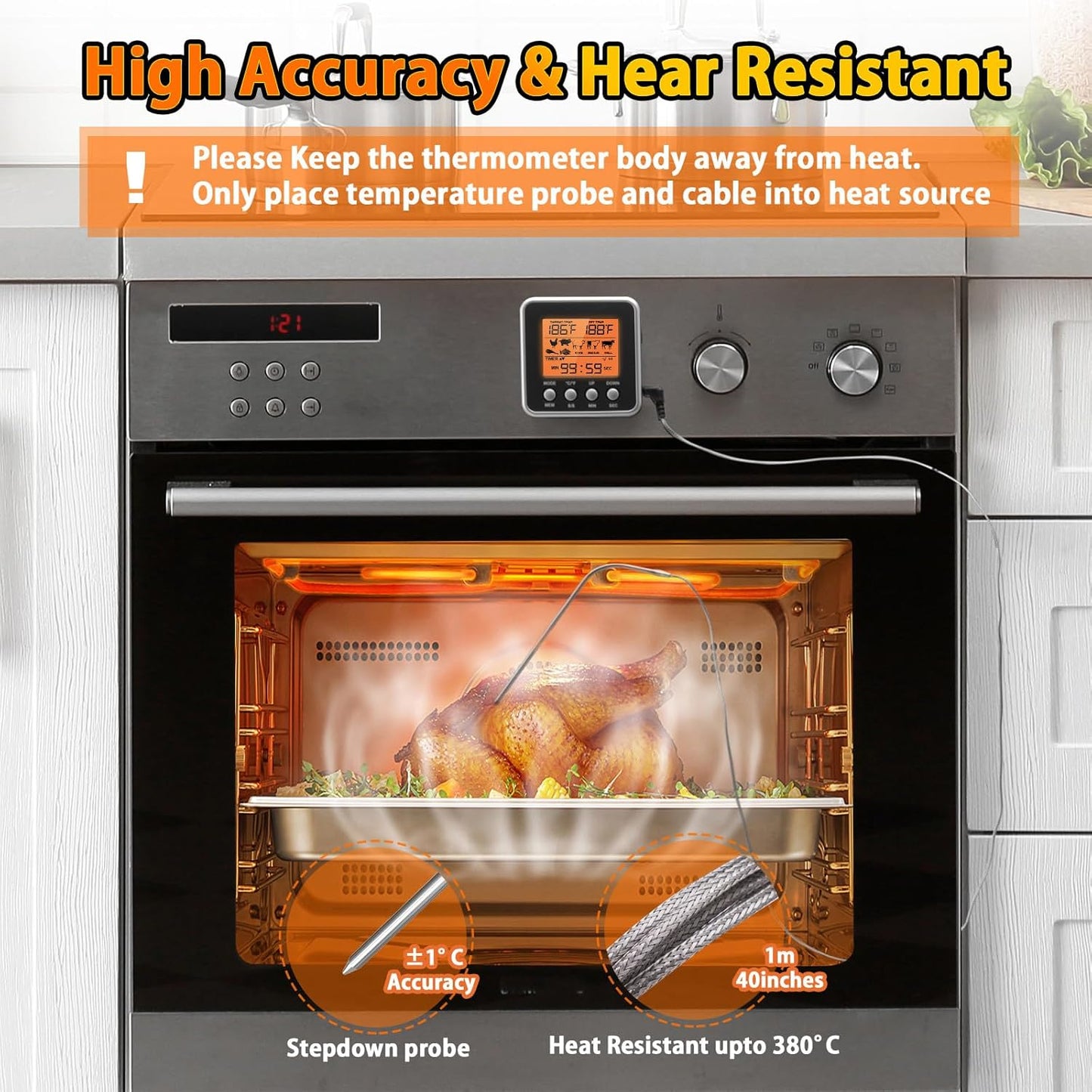 Digital Meat Thermometer for Oven, Food Thermometer with Large LCD, Backlight, Kitchen Timer, Temperature/Time Alarm for Smoker, BBQ, Barbecue, Cookware
