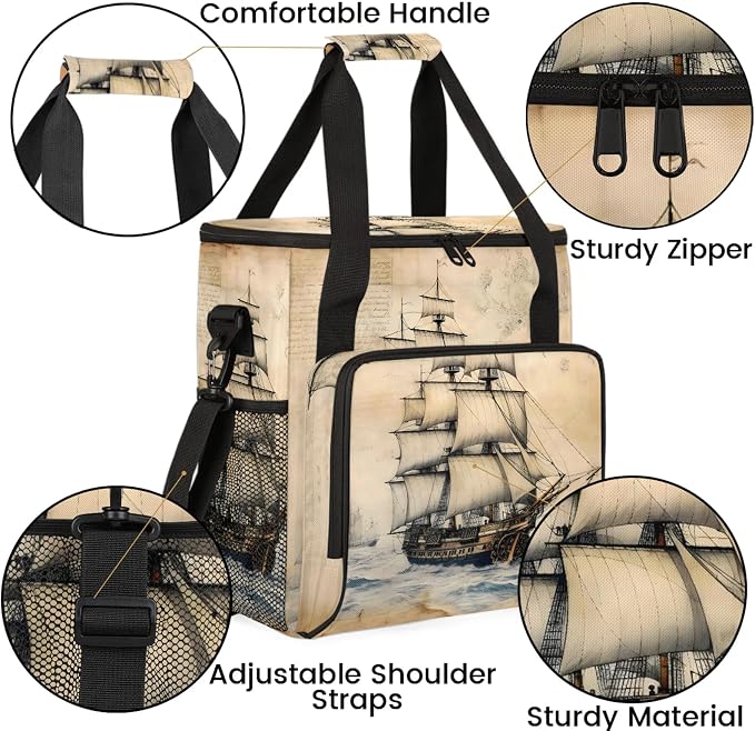 Nautical Ocean Pirate Ship Coffee Maker Carring Bag, Large Insulated Storage - Image 6