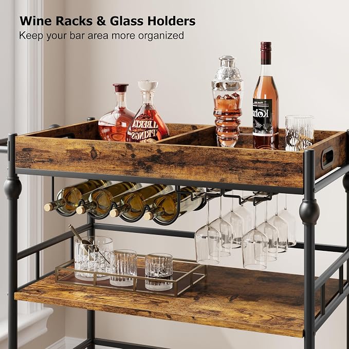 Garvee Bar Cart with Wheels, 3-Tier Rolling Serving Cart with Removable Tray - Image 6