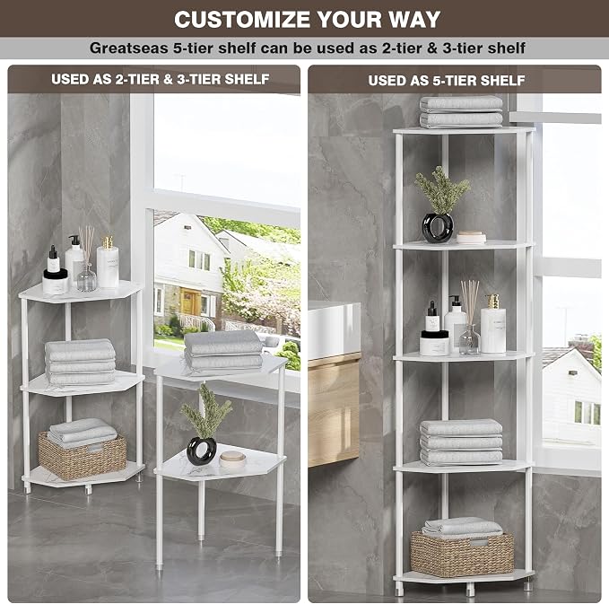 5-Tier Corner Shelf Stand Marble White 50.2" Bathroom and Kitchen Corner Shelves - Image 3