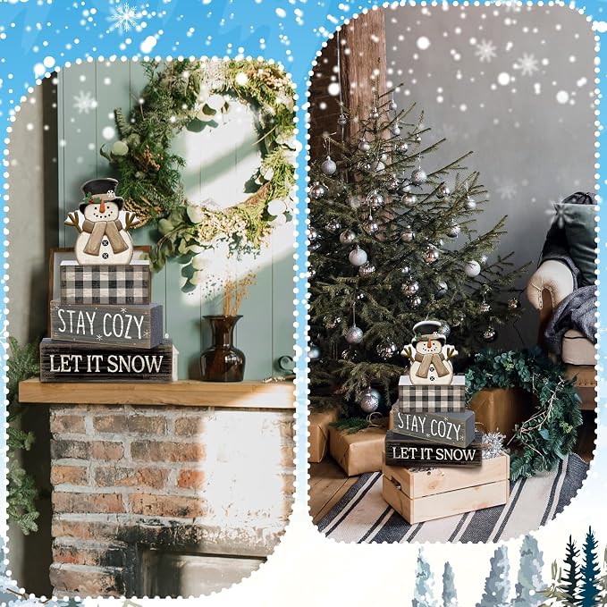 Yuntau 4 Pcs Winter Table Decorations Wooden Snowman Winter Tiered Tray Decor - Image 7