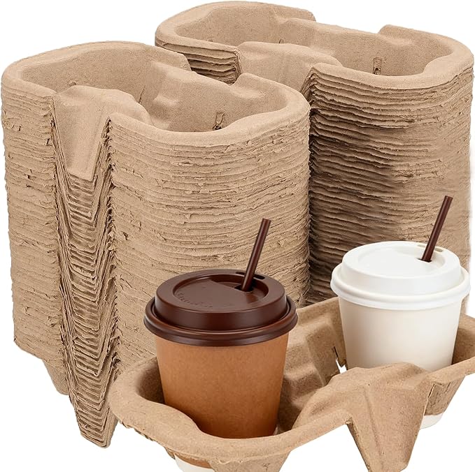 KEILEOHO 2 Cup Carrier Tray 100 Pack Pulp Fiber Drink Carrier, Disposable Cup by KEILEOHO