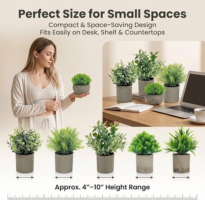 AUUGUU Artificial Potted Plants Set of 5, Realistic Faux Greenery in Cement Pots - Image 3