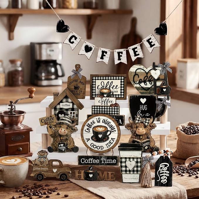 Mifoci 23 Pcs Coffee Tiered Tray Decorations Highland Cow Wooden Farmhouse - Image 6