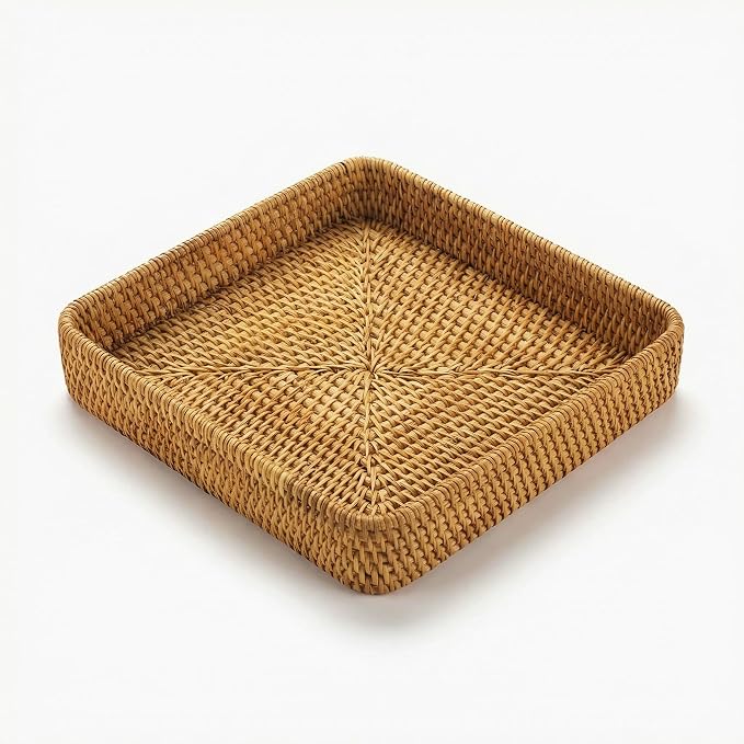 8.3" x 8.3" Wicker Tray, Woven Decorative Tray, Square Rattan Tray Bathroom by YANGQIHOME