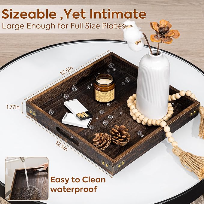 Yangbaga Serving Tray with Handles, 12.5"*12.5"Wood Decorative Tray - Image 2