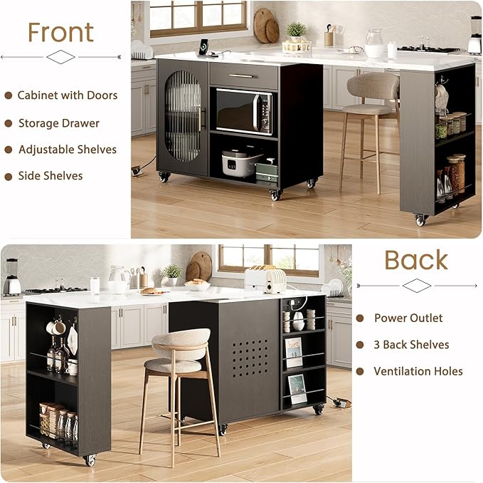 HSH Kitchen Island with 360° Swivel Table & Power Outlet, Rolling Kitchen - Image 4