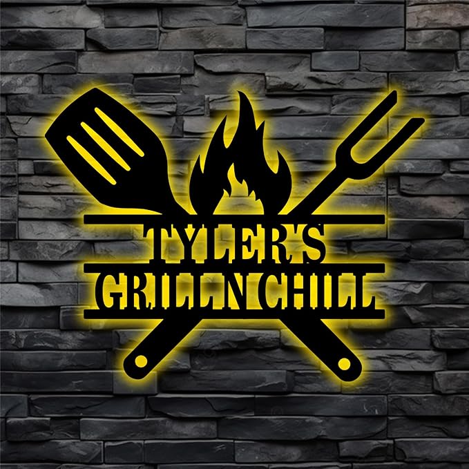 Custom Grill N Chill Metal Wall Art, Personalized Bbq Name Sign Decoration by HAQCO-Ourproductsaredesignedtogobeyondordinarydecorativeitemsprovidingacaptivatingvisualexperienceandelevatingtheoverallbeautyofyourroom