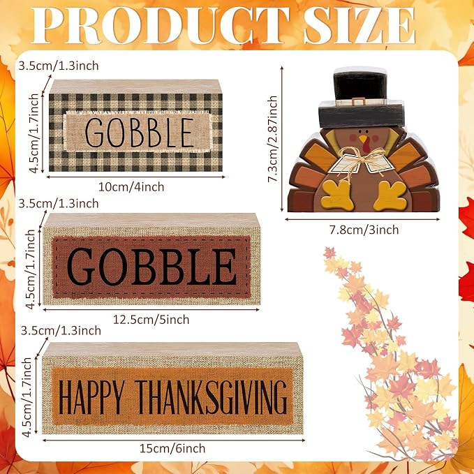 Lineshading 4 Pcs Fall Table Decorations Wooden Turkey Decor Thanksgiving - Image 3