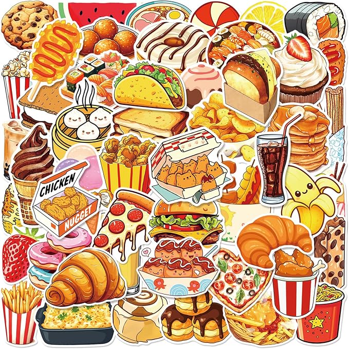 50 Pcs Fun Fast Food Stickers, 1.96-3.15inch Cartoon Food Decorative Stickers by Unknown