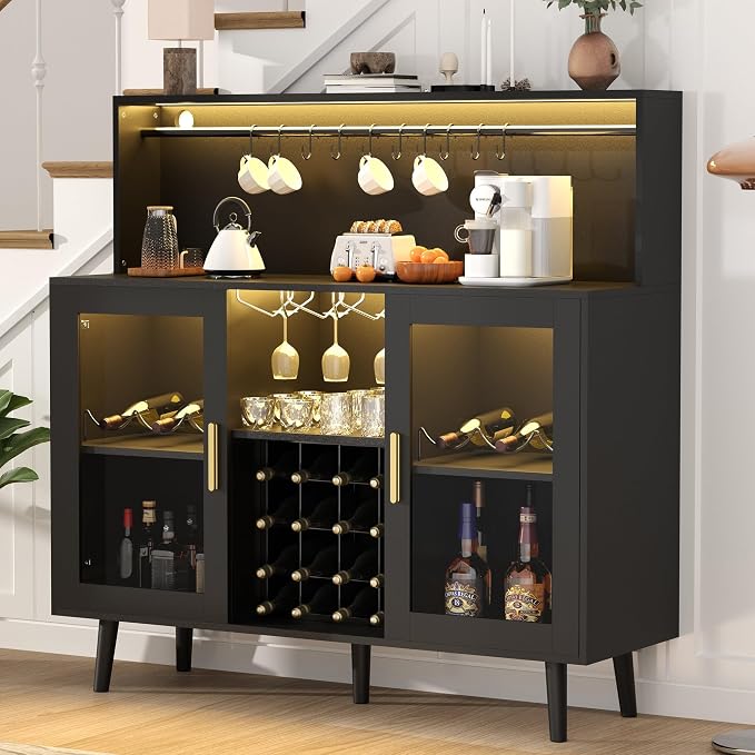 Wine Bar Cabinet with LED Light, Liquor Coffee Cabinet Bar w/Wine Rack & Glass by Dephet
