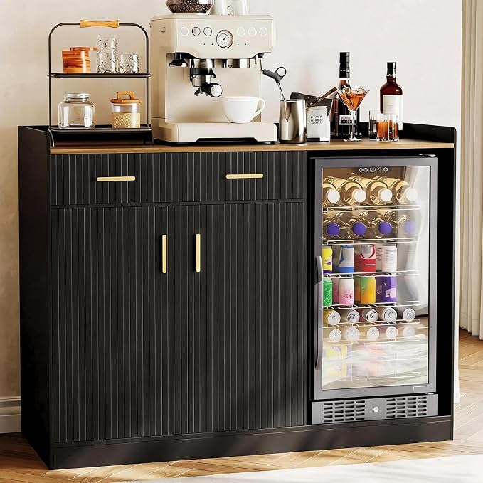 Garvee Coffee Bar Cabinet with Fridge Space, Fluted Wine Cabinet with Charging by Garvee