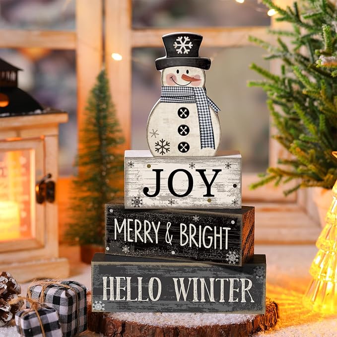 Lineshading 4 Pcs Snowman Christmas Table Decorations Black and White Wooden - Image 5