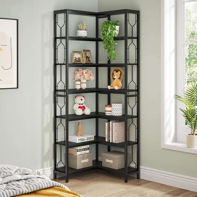 Tribesigns Corner Shelf, 7-Tier Industrial Corner Bookshelf, Wood and Metal - Image 5