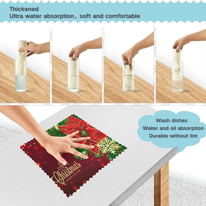 ALAZA Dish Towels Kitchen Cleaning Cloths Christmas Poinsettia and Snowflakes - Image 4