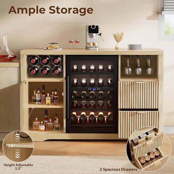 Coffee Bar Cabinet with Fridge Space, Wood Buffet Sideboard Table, Fluted - Image 7