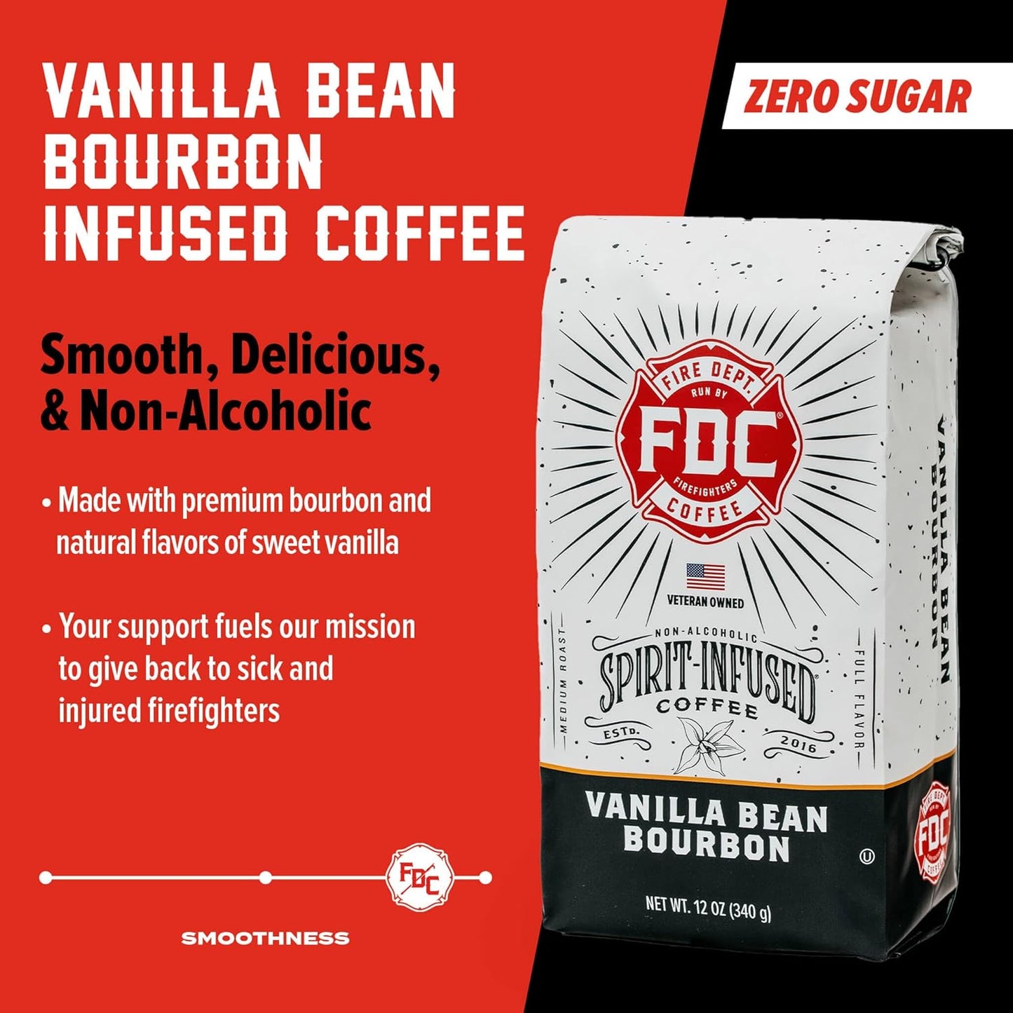 Fire Department Coffee - Vanilla Bourbon Coffee - Gives Back to Firefighters - Vanilla Bean Bourbon Infused - Ground Medium Roast - Non-Alcoholic - Roasted in the USA - Veteran Owned - 12 oz