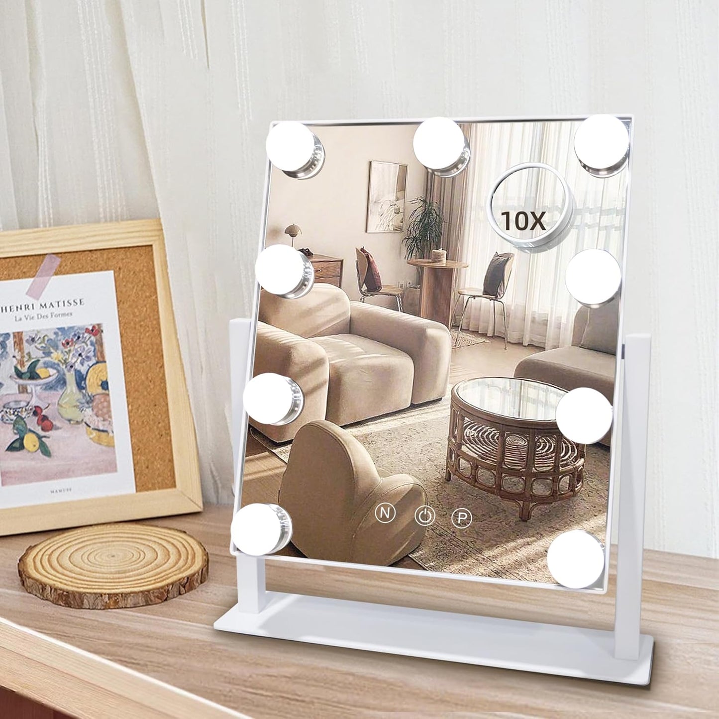 Hollywood Vanity Mirror with Lights, 9 Dimmable LED Bulbs Lighted Makeup Mirror with Detachable 10X Magnification Mirror, 1200mAh Rechargeable, 3 Color Lights, Gifts for Women Mom Teen Girls